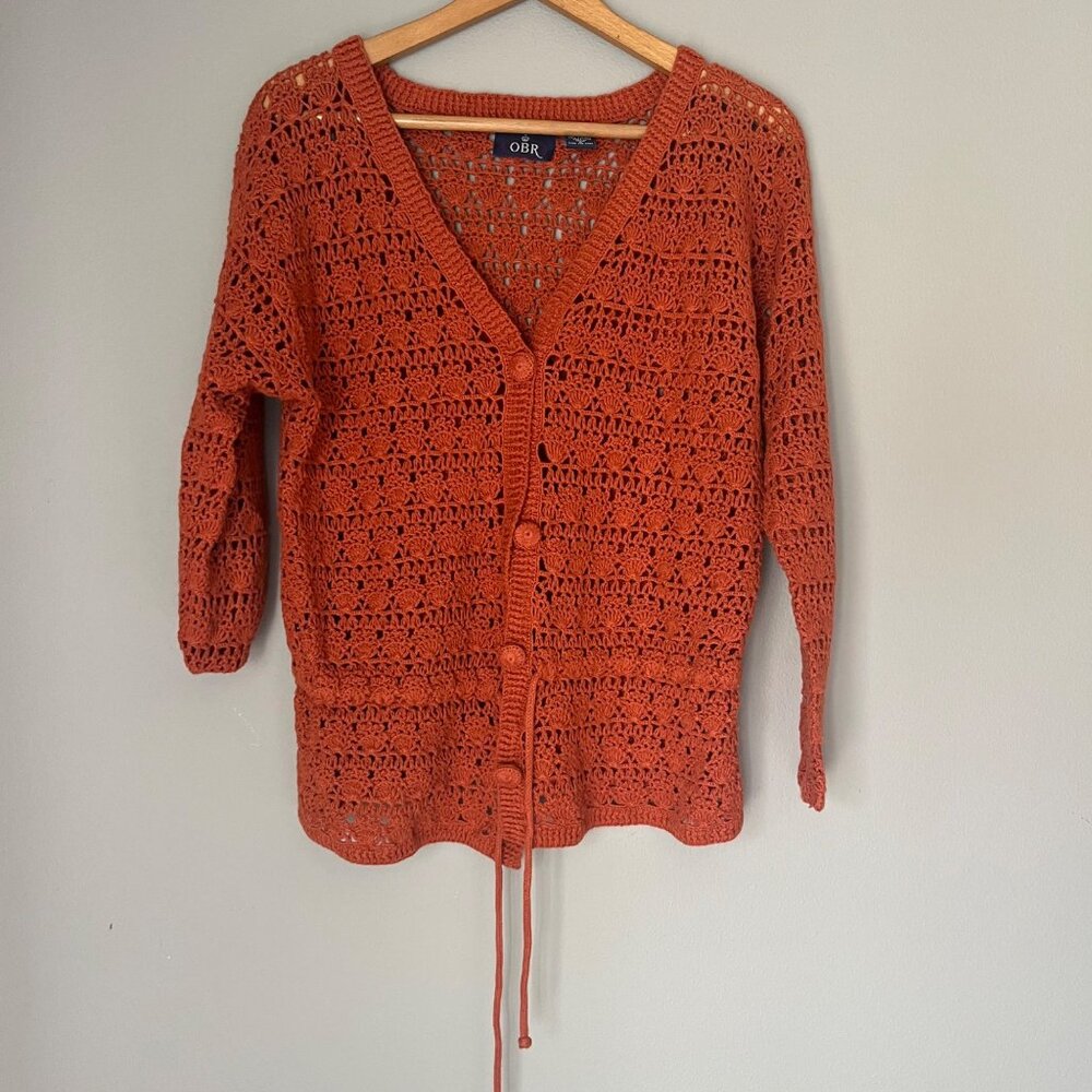 Vintage OBR Crochet‎ Cardigan Sweater Size Small Grandma Cottagecore Fall